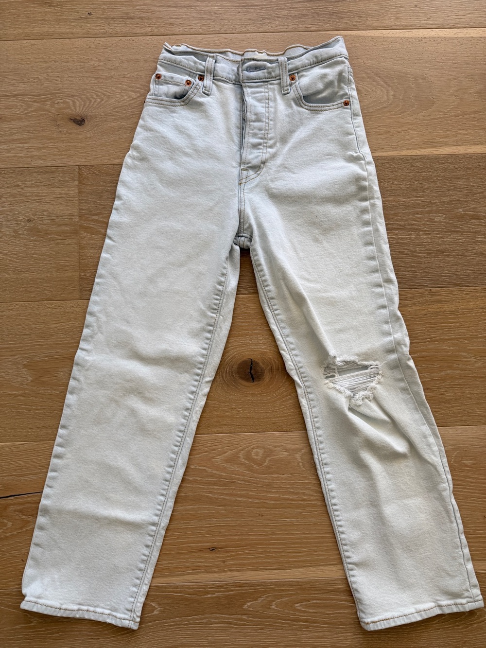 Levi’s Light Wash Distressed High-Rise Ribcage Straight Ankle Jeans